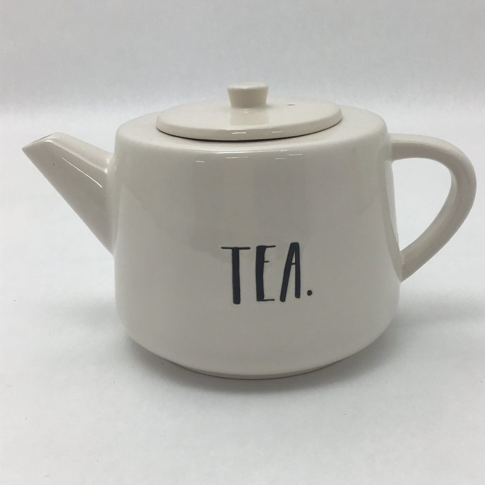 Rae Dunn | Flat Tea Pot | White | Ceramic | "Tea"